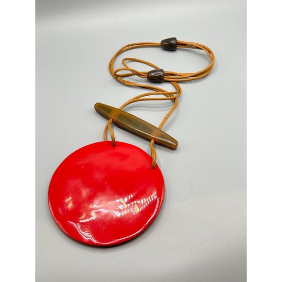 Oversized Red Statement Necklace Big Round Pendant with Mother of Pearl & Horn - Picture 6 of 11
